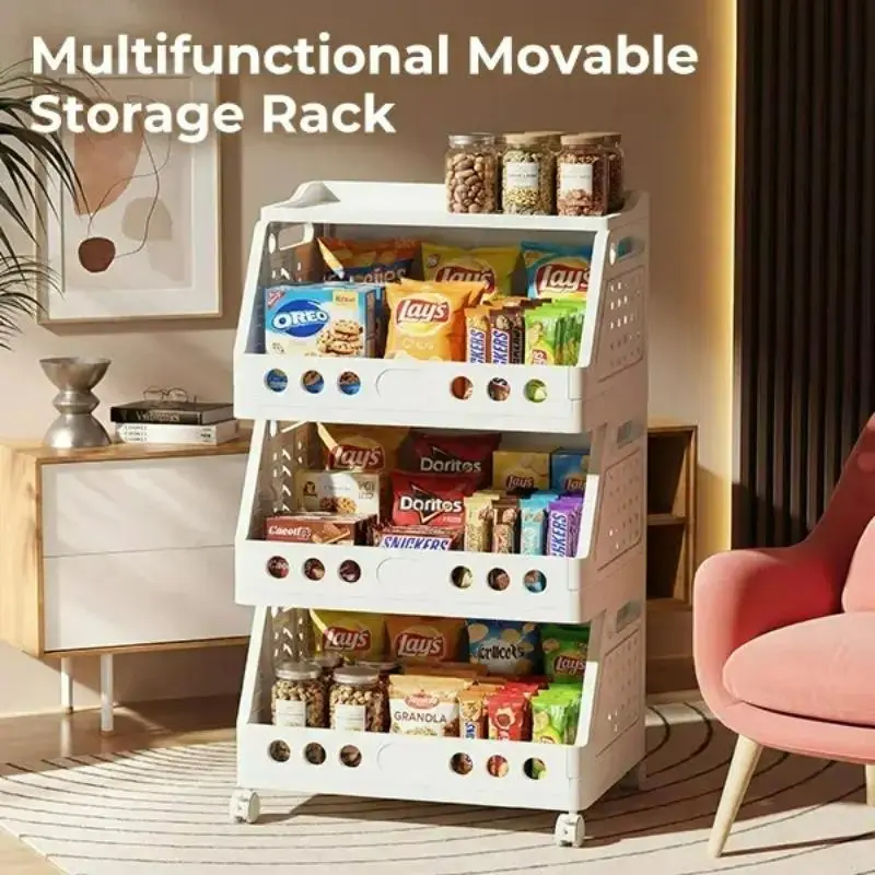 2-5 Tier Stackable Rolling Storage Cart with Wheels, Foldable Storage Shelf, Collapsible Design, Multi-Purpose Plastic Organizer Rack, Mobile Storage Shelf for Kitchen Pantry, Fruits Vegetables, Snacks, Bedroom and Bathroom