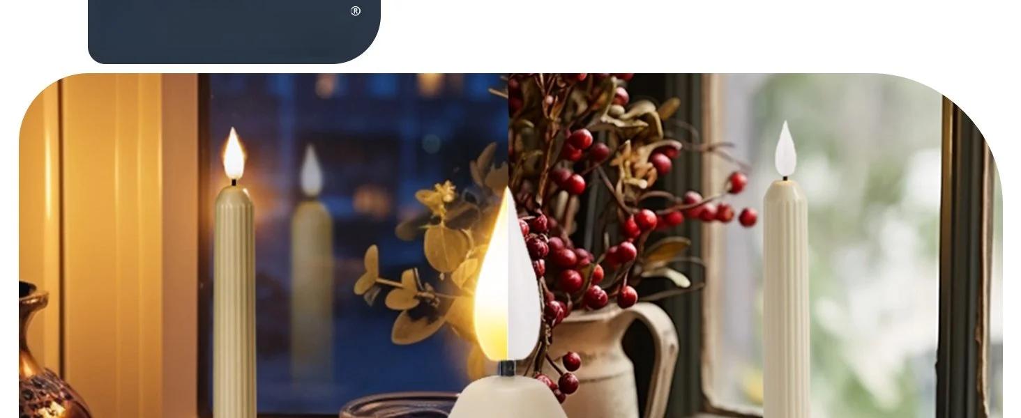 6 Pcs Window Candles with Sensor Dusk to Dawn, Ivory Electric Window Candle Flickering, Christmas Fake Candles Battery Operated, Led Candlesticks with Black Holders for Xmas Holiday Decor