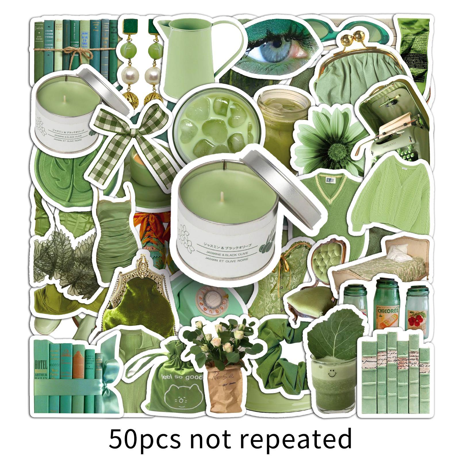 Green Theme Sticker, 50pcs/set DIY Decorative Sticker, Scrapbooking & Stamping Supplies for Journal Making, Gift Wrapping, Greeting Card