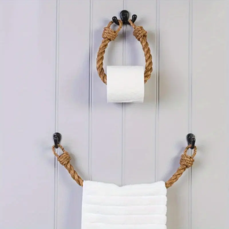 1pc Hemp Rope Toilet Roll Paper Holder, Rustic Decorative Towel Storage Rack, Wall Mounted Tissue Container, Hanging Bathroom Tissue Shelf, Bathroom Accessories, home decor, furniture for home