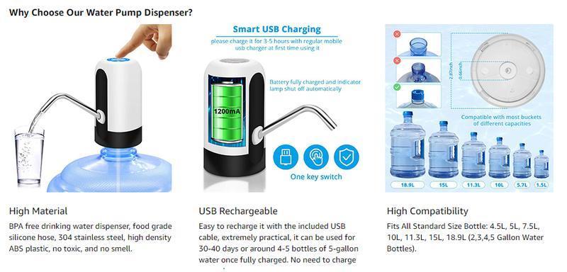 Water Dispenser for 5 Gallon Bottle - Rechargeable Water Pump for 5 Gal Jug, BPA-Free, Food Grade Silicone Hose, Stainless Steel Spout - 30-40 Days Battery Life, Easy One Switch Operation for Kitchen Outdoor Camping Office
