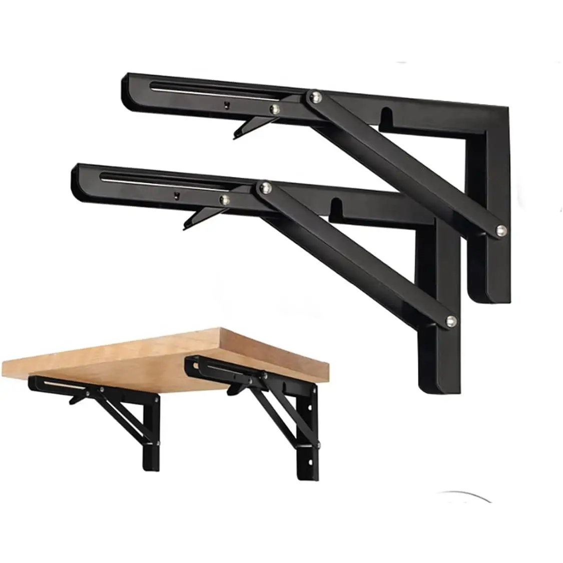 Black Folding Shelf Brackets Max. Load 220 lb, Heavy Duty DIY Wall Mounted Shelf Bracket Space Saving for Table Work Bench (6 INCH-2PCS)