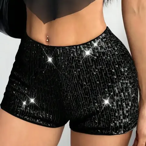 Sequin shorts women, black, high waisted, sparkly party, bodycon, glitter, clubwear, stretch, slim fit, disco, club shorts, Fitted fashion shorts, Elastic Waist Short