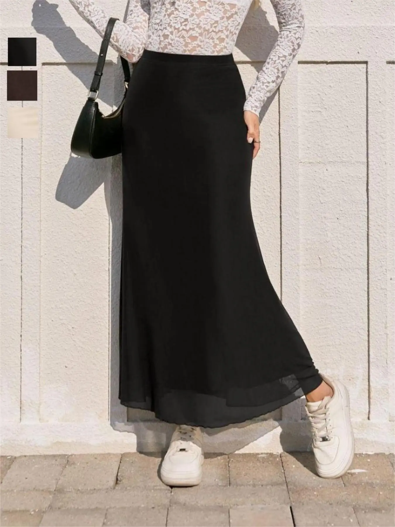 Elegant High-Waist Fish Tail Mesh Skirt, Slim-Fitting Long Skirt for Business, Elastic Waist, Contrast Mesh Design, All Seasons