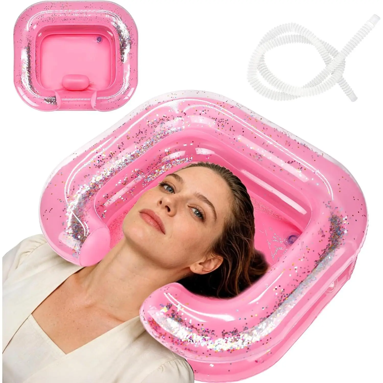 Inflatable Hair, Shampoo Bowl with Pillow and Drain Hose, Hair for Bedridden, Disabled, Injured, Perfect for Dreadlocks, Curly Hair, Thick Hair (Pink)