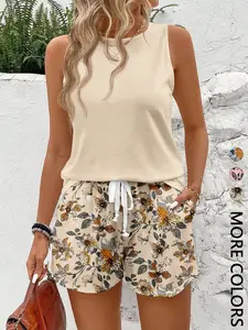 Women's Floral Two-Piece Set, Sleeveless Tank Top + Drawstring Shorts, Casual Summer, Comfortable and Stylish