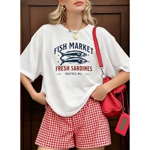 Womens Oversized Graphic Tee Fish Market Fresh Sardines Nautical Coastal Print Crewneck Short Sleeve Summer Beach Vacation Streetwear Casual Outfit Top
