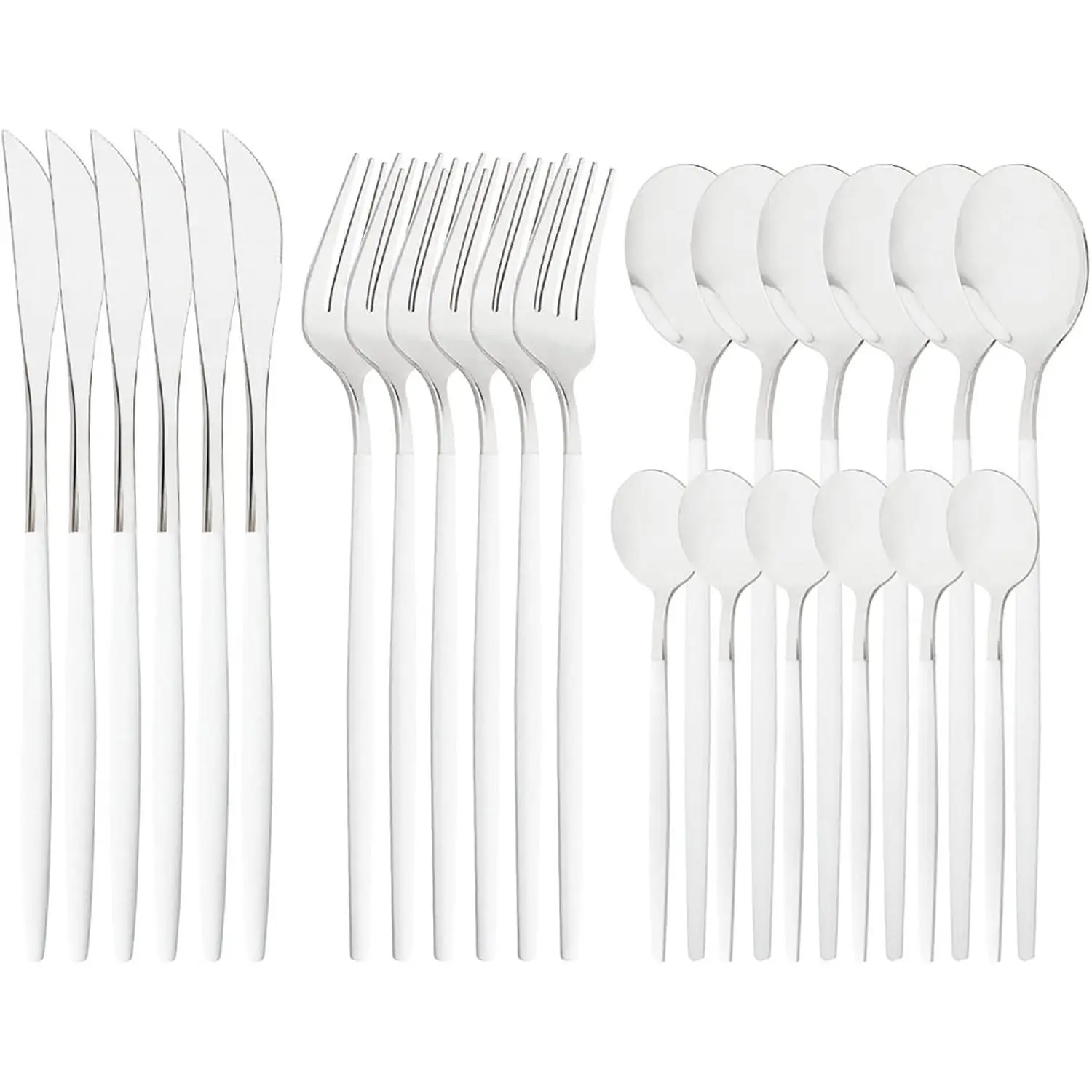 24-Piece 18/0 Stainless Steel Cutlery Serving Set - White Handle, Simple Modern Tableware, Service for 6, Ideal for Home, Party, Christmas Dinner (White Silver)