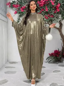 Middle Eastern Muslim Metallic Sheen Batwing Sleeve Abaya, New Rhinestone Loose Dress, Dubai Abaya, Long Sleeve, All Seasons