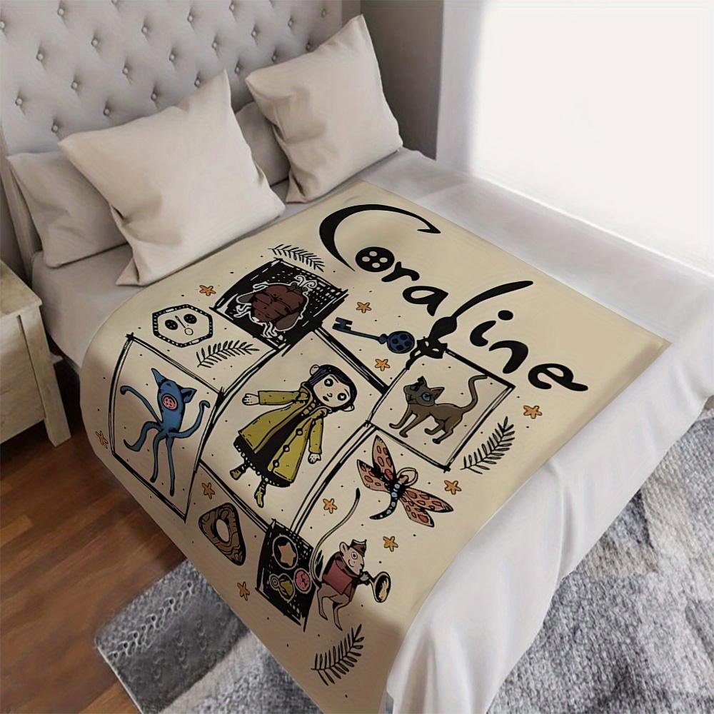 All-Season Polyester Knit Coraline Inspired Flannel Throw Blanket-Digital Print Cartoon Animal Collage, Contemporary Style, Multipurpose for Bed Couch Nap, Cozy Plush, Creative Gift Idea