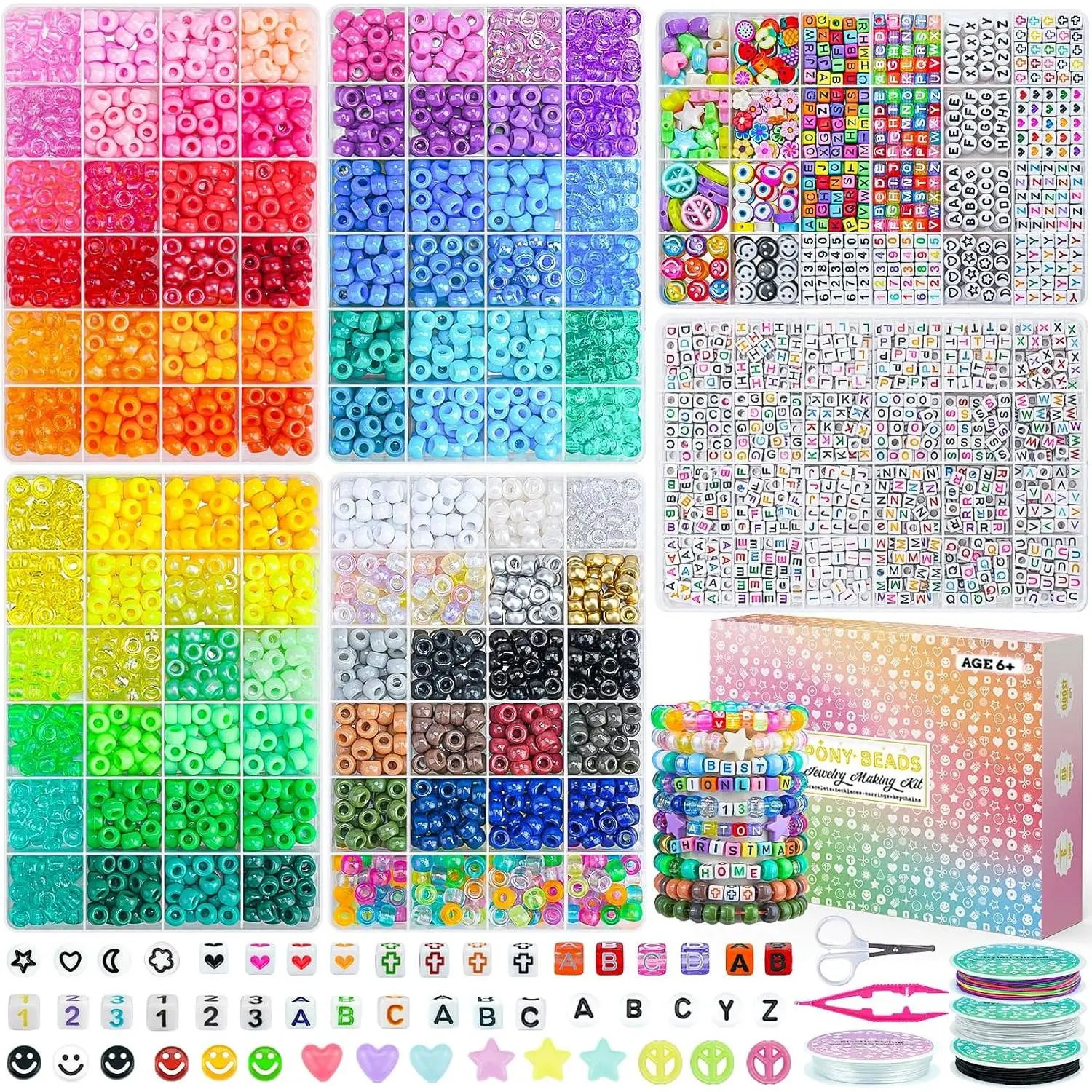 4500Pcs Pony Beads Bracelet Making Kit, 6 Boxes with 1600pcs Letter Beads Friendship Bracelets Kandi Rave Bead for Jewelry Making Keychain Hair Braid Gifts for Teens Arts and Crafts Kits