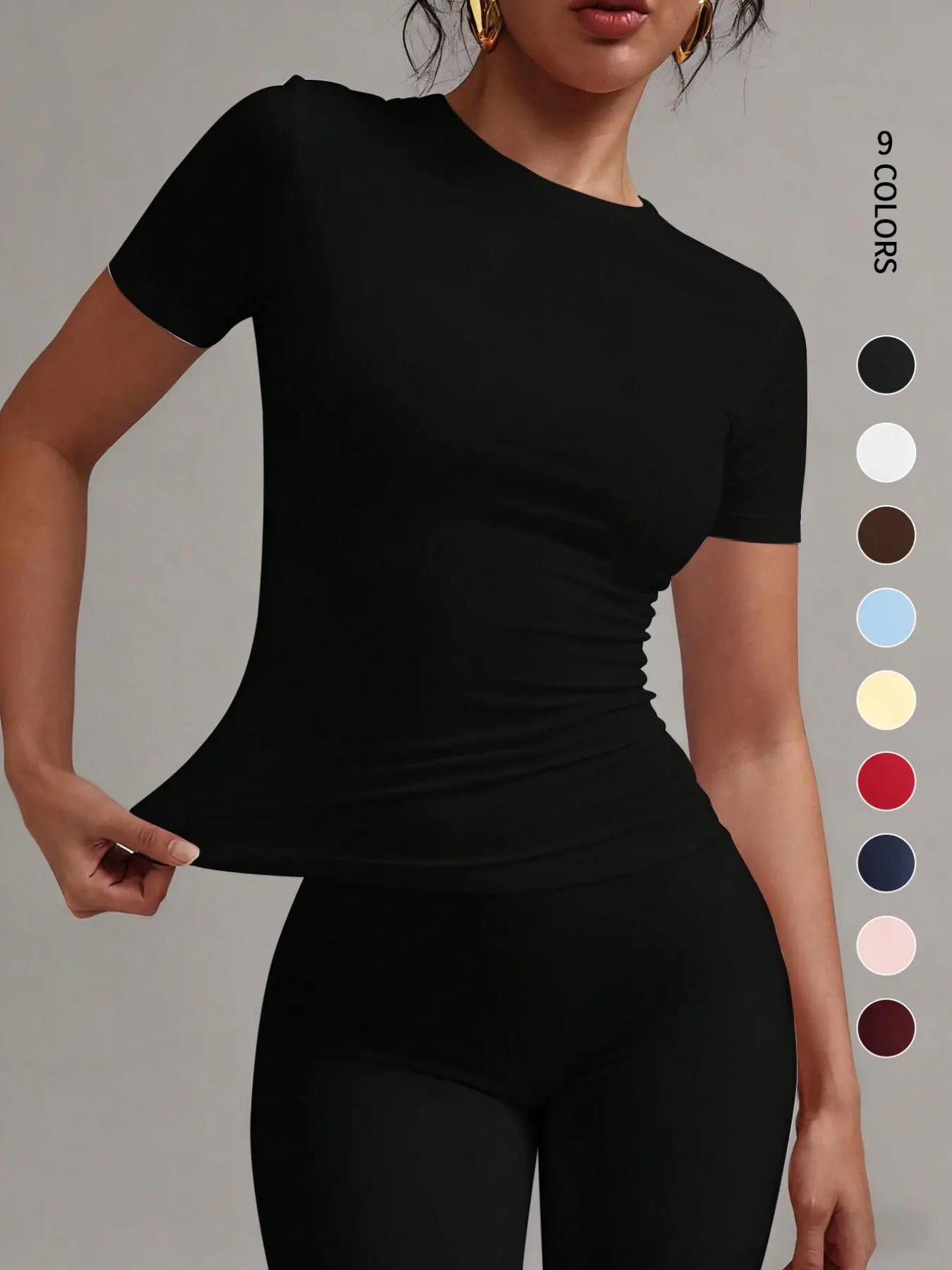 Women's Round Neck Casual Slim Fitting T-Shirt, Elegant Simple Solid Color, Stretchy Comfortable, Flattering Waist Design, Chic Style Top