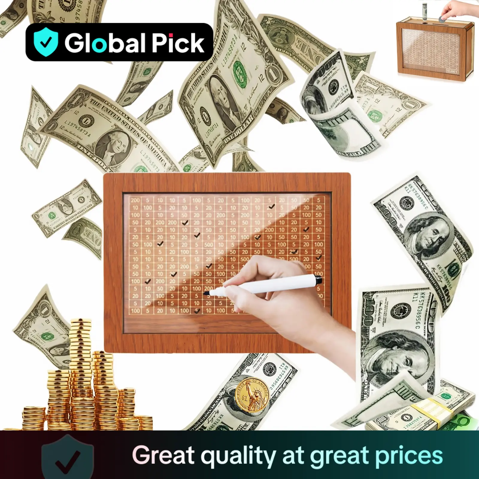 Wooden Cash Saving Box, 1/20pcs Cash Saving Challenge Box, Money Saving Box, Gift for Friend, Wooden Savings Box