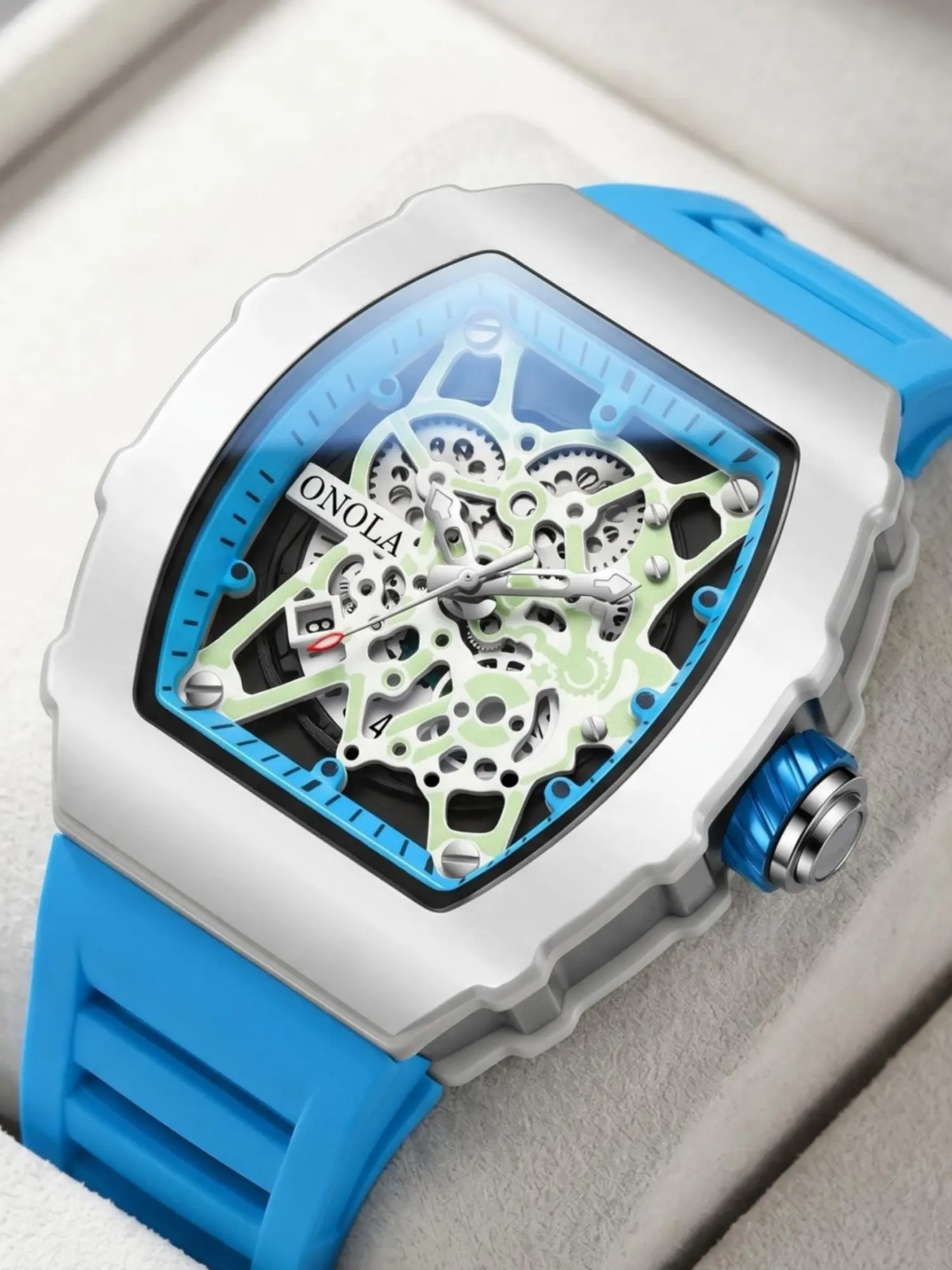 ONOLA Tonneau Skeleton Quartz Watch Men Wrist Watch Luxury Business  Quartz Watch Luminous Hollow Dial Silicone Strap 30M Waterproof Mineral Glass Metal Case Large Dial Male Daily Hip Hop Watch Commute Gift Watch For Gentleman