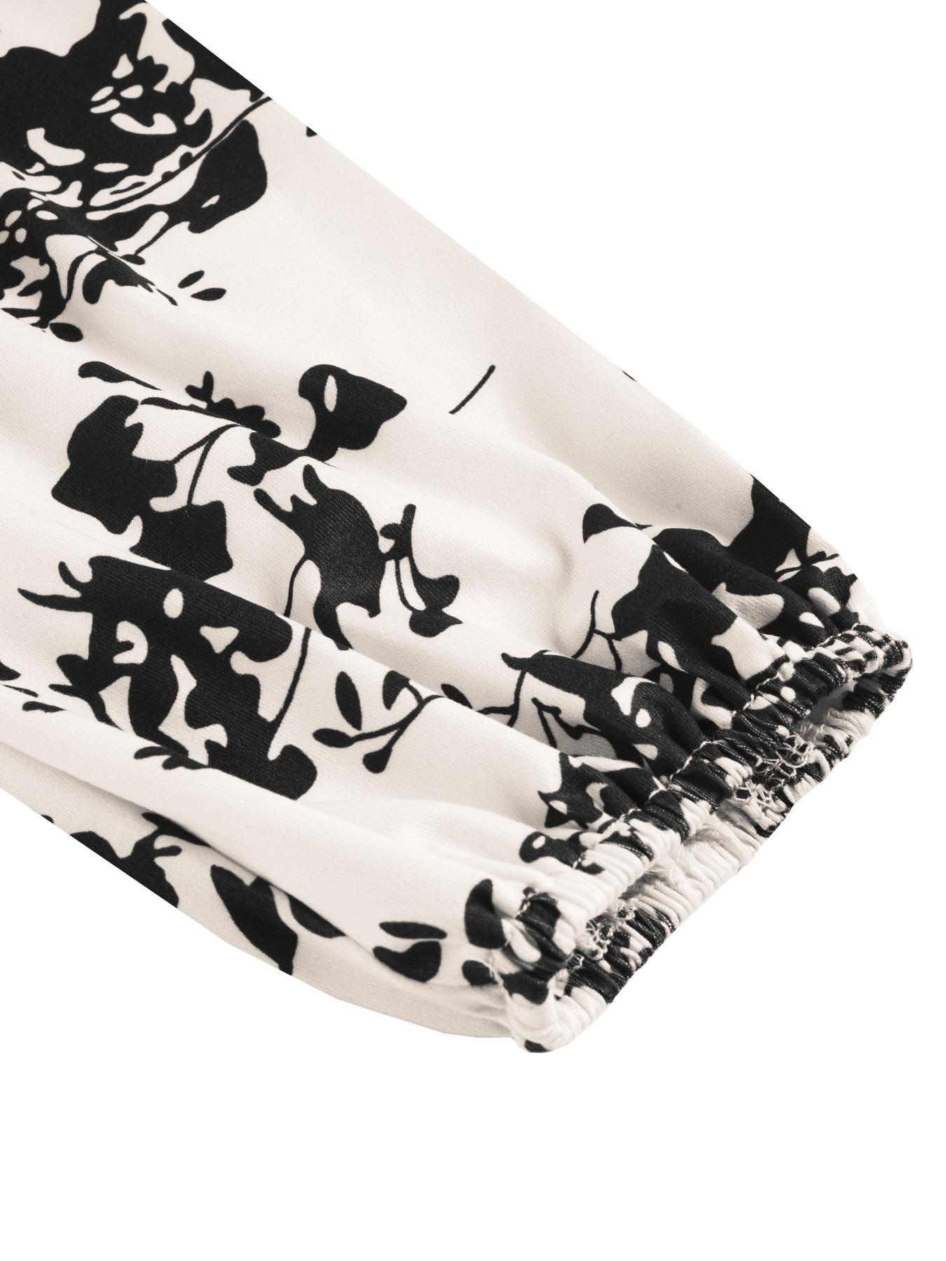 Aliling Women's Elegant Fall Floral Print Dress, One Shoulder Long Sleeve Bubble Sleeves High Waist Bodycon Ruched Midi Dress