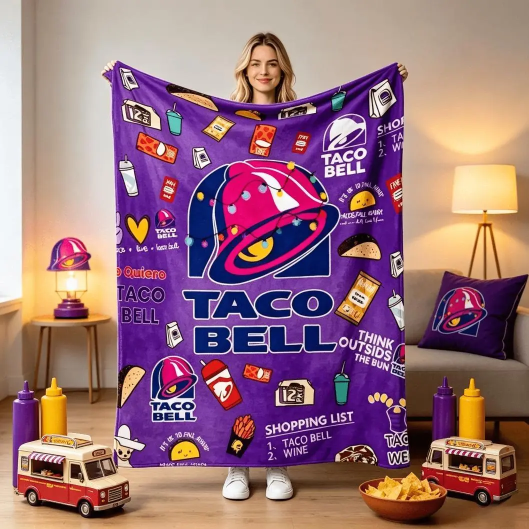 Taco Bell Style Flannel Blanket, Taco Food Graphic Throw Blanket, Soft Warm Cozy Blanket for Adults And Children, Colorful Drink Sauce Print Blanket for Sofa Bedroom Office Home Decor Gift