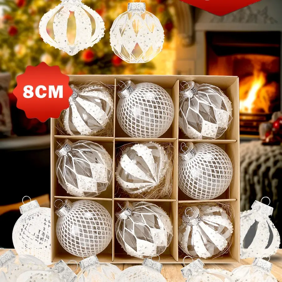 Christmas Decoration Set, Transparent Painted Pet Christmas Balls, 8cm/9pcs, Holiday Ornaments, Tree Accessories, Festive Decorations