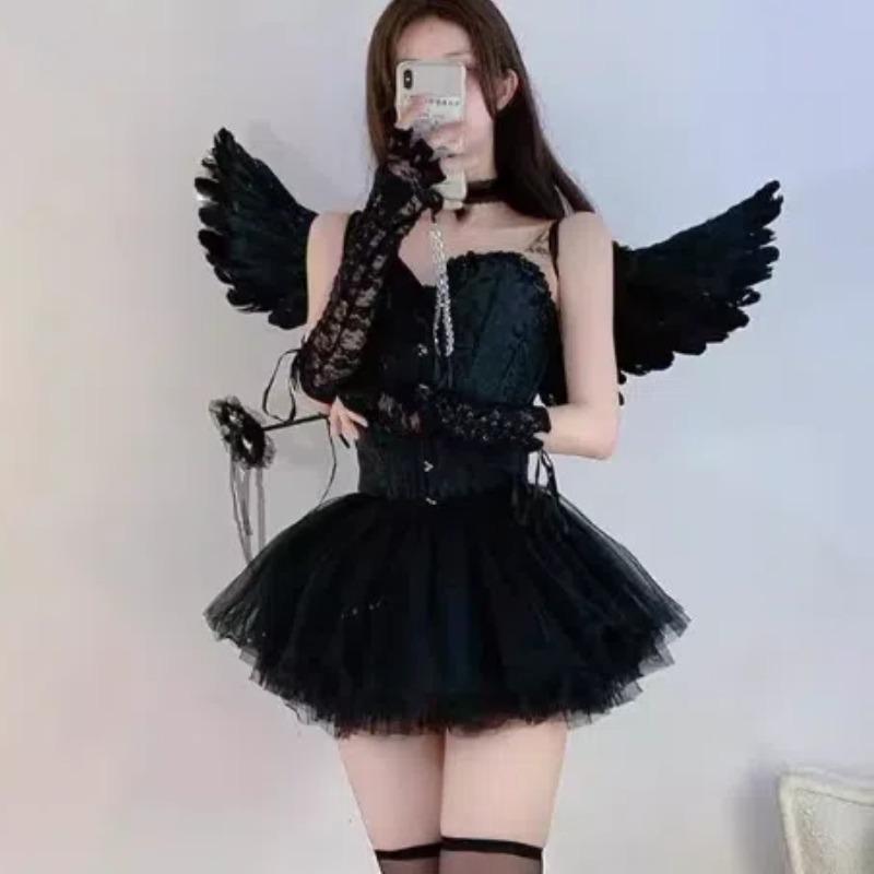 Women Girls Halloween  Angel Devil Swan Cosplay Costume Sexy Strapless Vest Skirt Wings Suit Carnival Party Roleplay Outfits