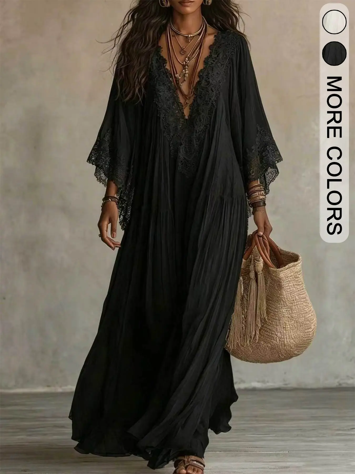 Cherrylem Women's Boho Style V-Neck Kimono Sleeve Layered Long Dress, Flowy Pleated Chiffon Beach Cover-Up, All Seasons