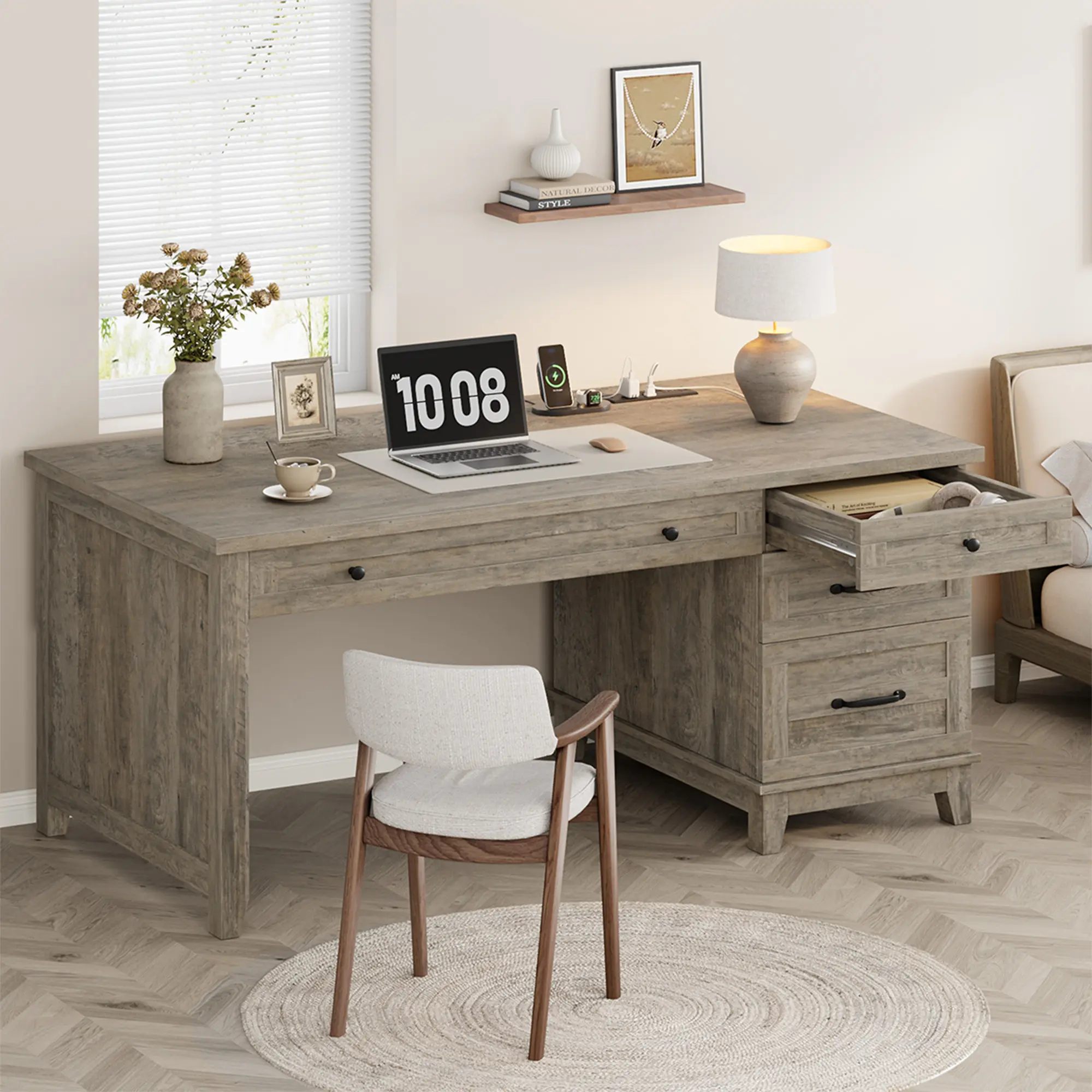 Farmhouse Computer Desk 53.5" with Charging Station & USB Ports, Adjustable File Cabinet, Spacious Rustic Wood Executive Writing Table with Multiple Drawers for Home Office, Work, Study