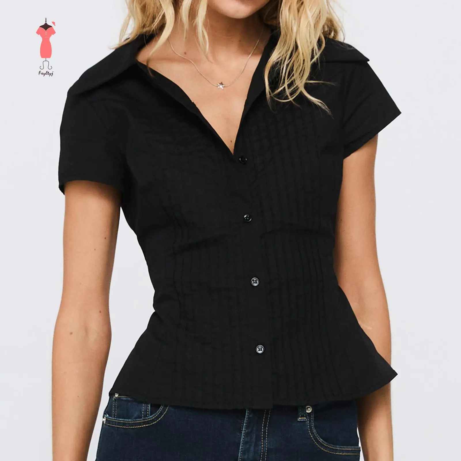 Women's Summer Tops Elegant Solid Color Lapel Short Sleeve Button UpFit Back Bow Tie Shirt for Work Weekend
