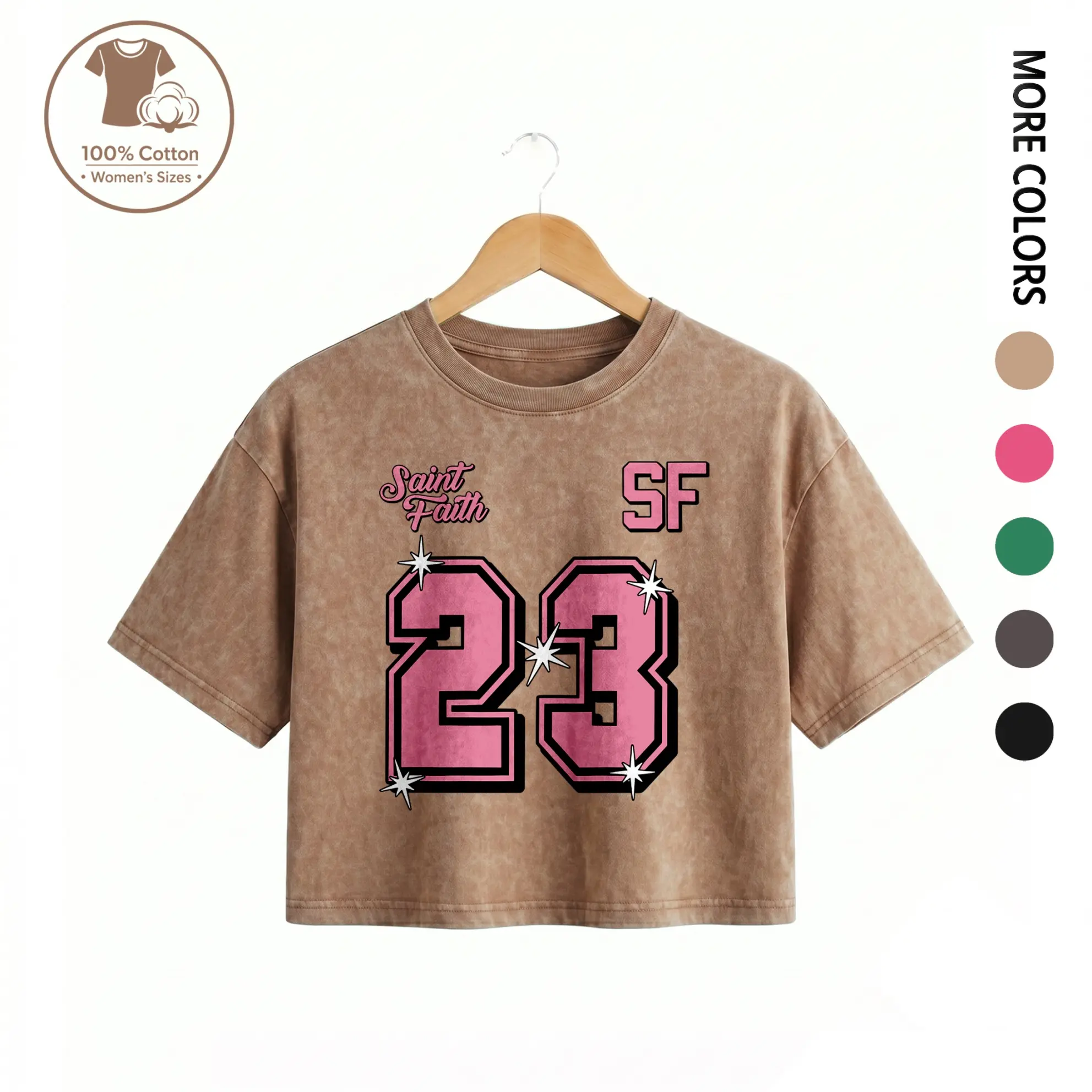 Women’s Saint Faith SF 23 Graphic Acid Wash T-Shirt, Vintage Washed Cotton Cropped Streetwear Tee, Y2K Slim Fit Summer Casual Top