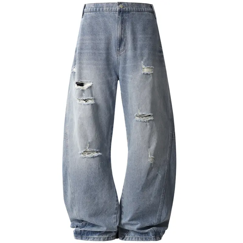 Men's 100% Cotton Denim Jeans - Balloon-Shaped, Sturdy Fabric, Loose Curved Silhouette, Multiple Frayed Patches, Ripped Look, Menswear, Classic, Stylish Vintage Streetwear for Daily Casual Outfits