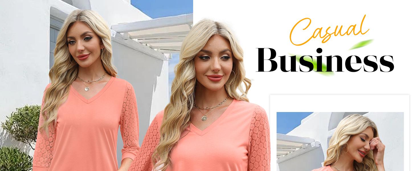WIHOLL 3/4 Length Sleeve Womens Tops V-Neck Lace Tunic Tops Business Casual Blouses 2025 SpringStatements