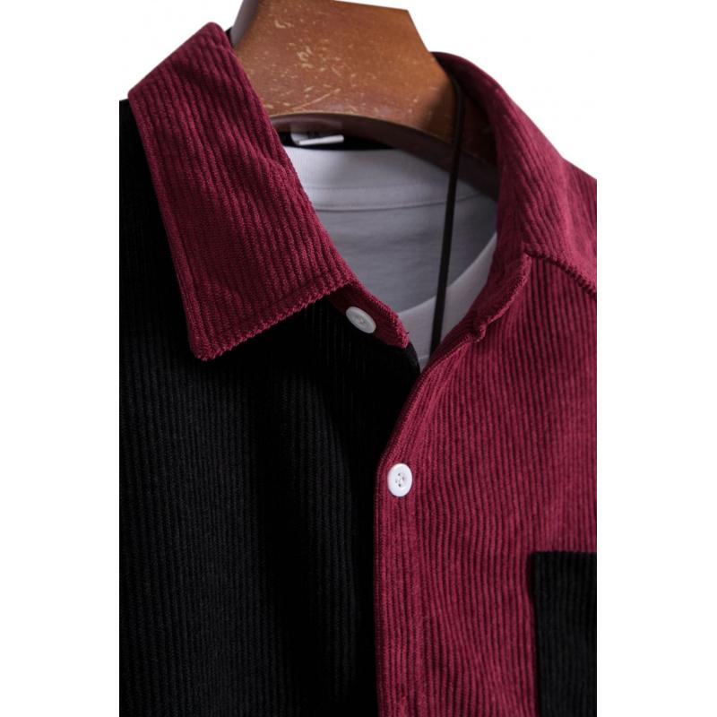 Men's corduroy color-block short-sleeve shirt, casual button-up shirt with chest pocket, vintage summer street style, soft and breathable, suitable for everyday wear