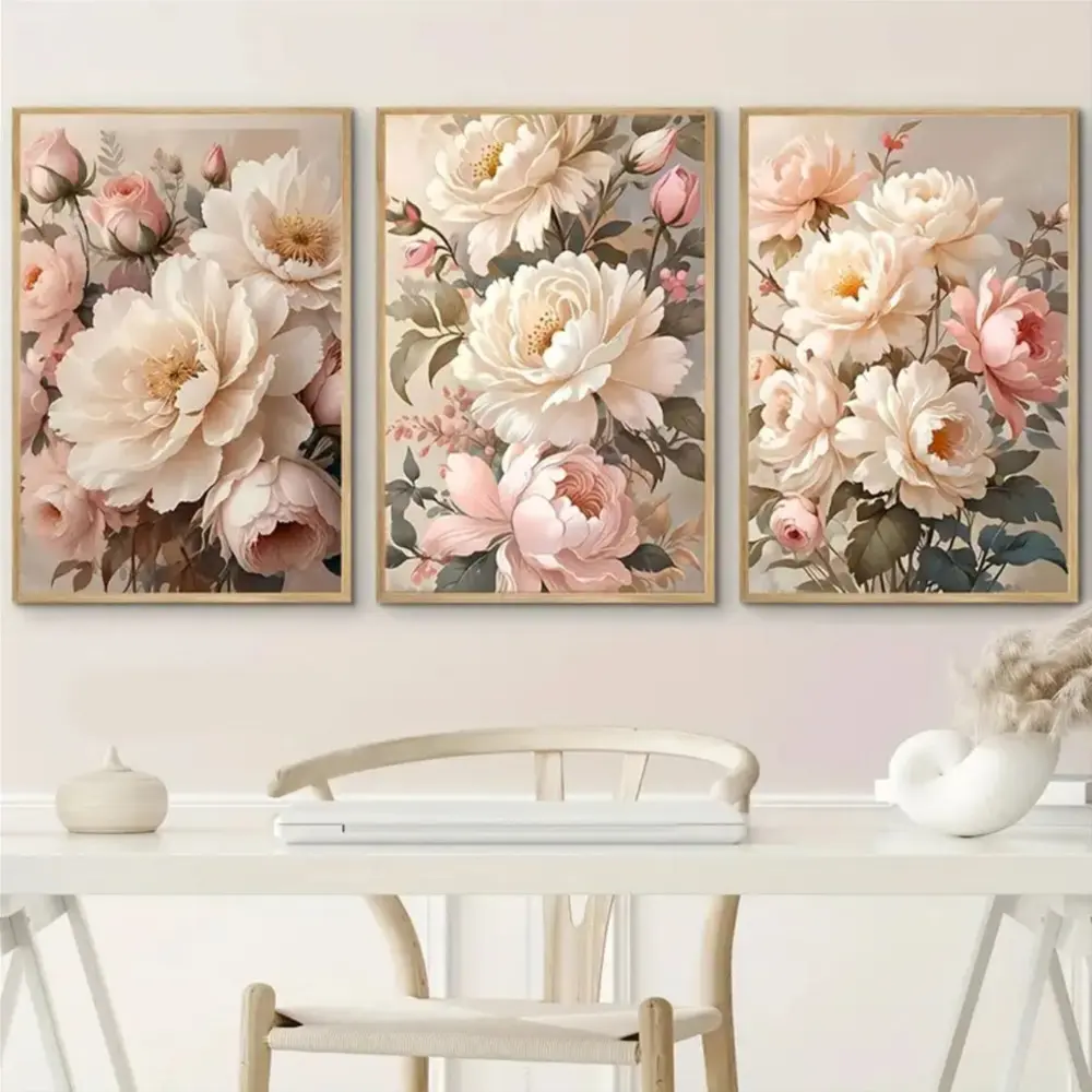 3 Pieces Nordic Pink Floral Canvas Art, Flower Wall Mural, Sweet Romantic Home Art, Contemporary Gallery Decor, Pink Tone Painting, Wall Decor for Boudoir, Vanity Room and Master Bedroom, Framed or Unframed.