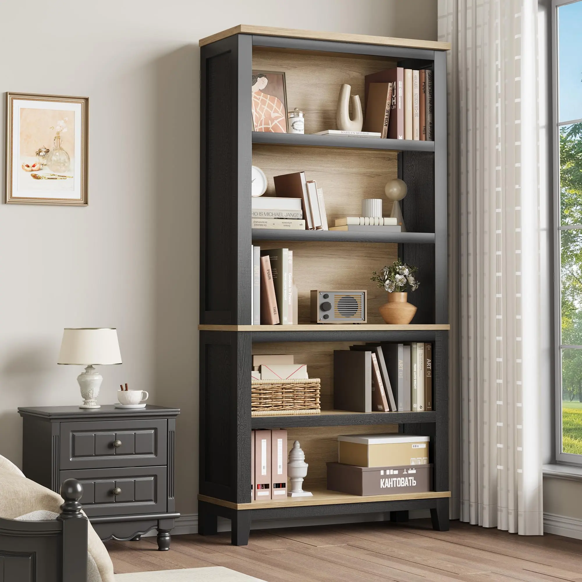 71" Farmhouse Bookcase 5-Tier Adjustable Shelves Easy Assembly