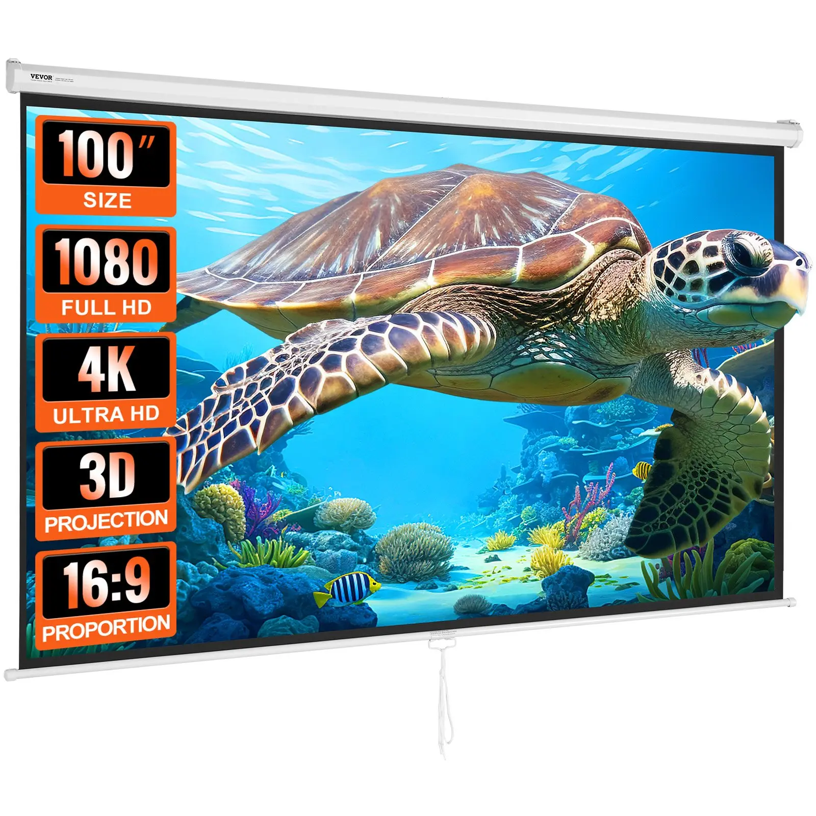 Manual Projector Screen, 100 inch 16: 9 4K 1080 HD Retractable Pull Down Projector Screen, Auto-Locking Portable Movie Screen for Family Home Office Theater