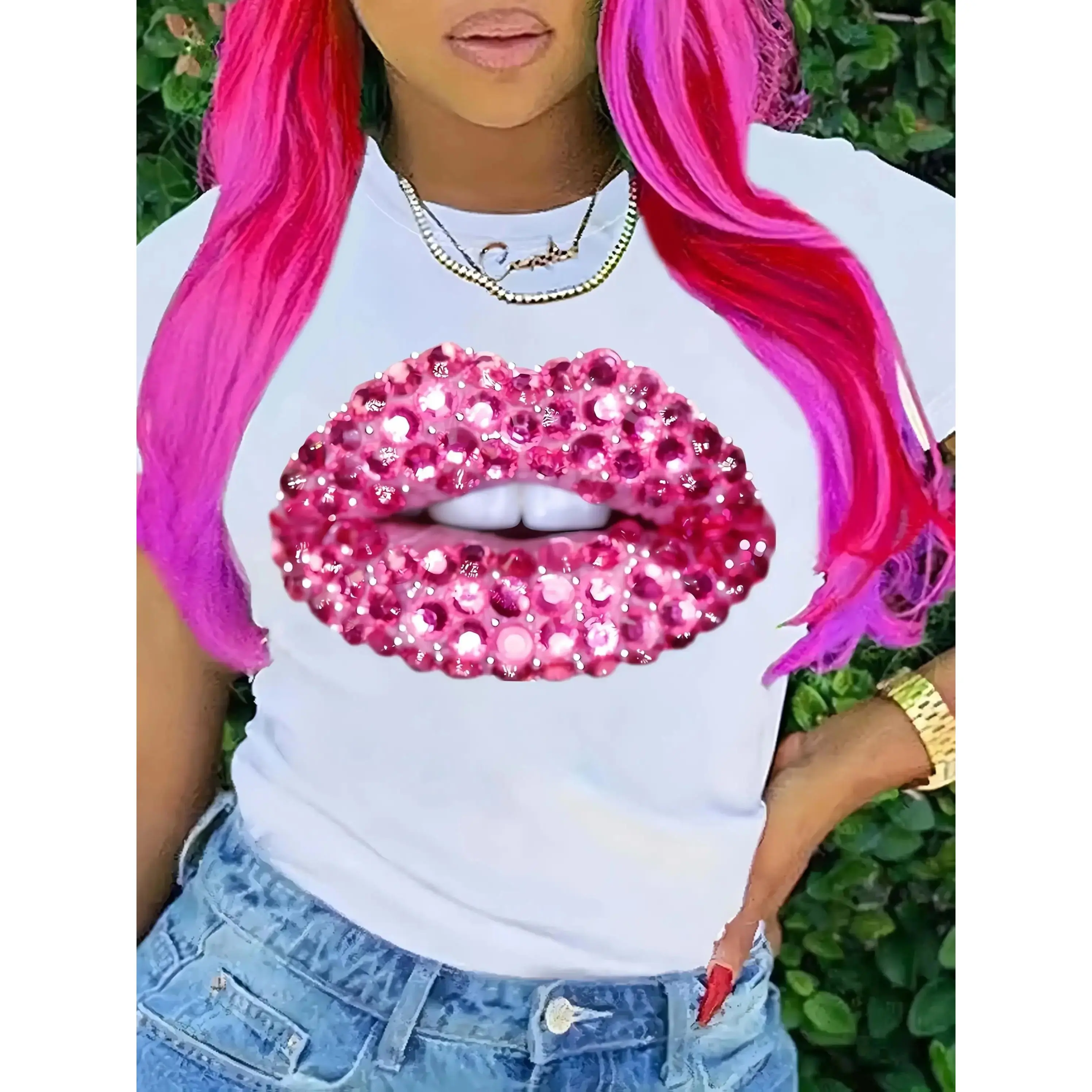Shiny Pink Diamond Lip Print Pattern Women'S T-Shirt Casual Short Sleeve Round Neck Semi-Transparent Top Machine Washable Four Seasons Fashion T-Shirt Women'S T-Shirt Bold Lip Print Semi-Transparent Texture