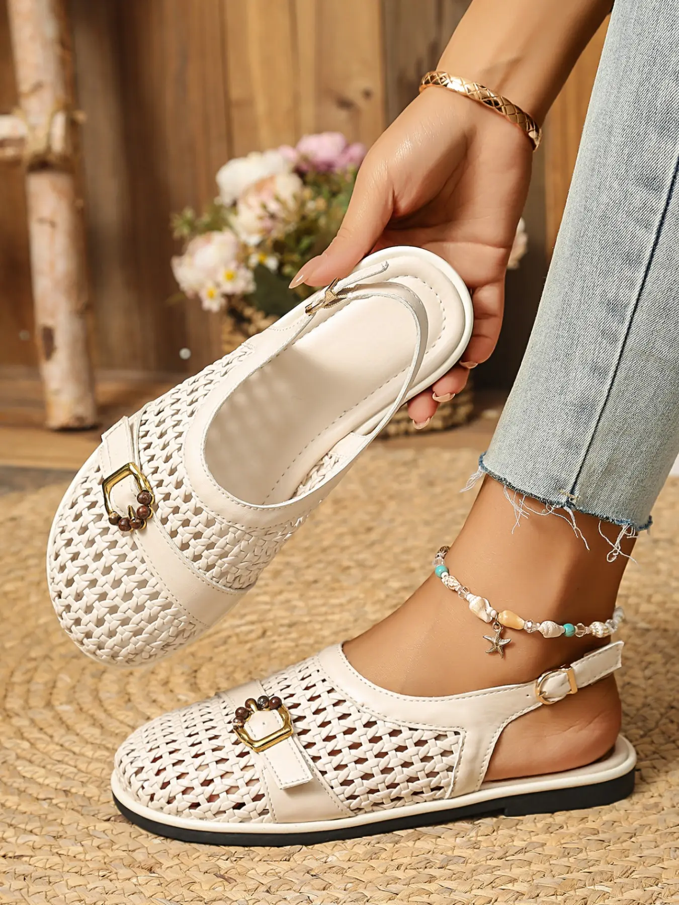 Women's Hollow Woven Round Toe Metal Buckle Slingback Flat Sandals Adjustable Ankle Strap Breathable Closed Toe Soft Contoured Cushioned Insole Casual Summer Footwear Three Colors Off White Brown Black