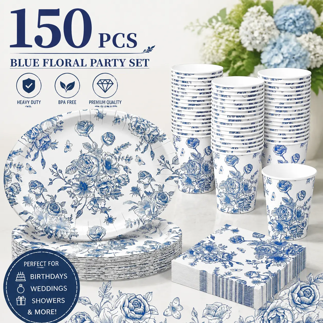 150-Piece Vintage Blue White Floral Party Tableware Set with 10 x 12-Inch Large Oval Paper Plates, Napkins and Cups for Birthday, Wedding and Bridal Shower Decorations