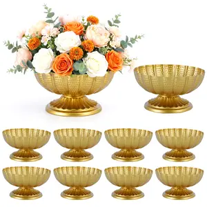 10-Piece Gold Pedestal Centerpiece Bowls - 7.3" Metal Decorative Floral Urn & Fruit Bowl Set for Wedding Party, Holiday Table, Candy & Snack Display