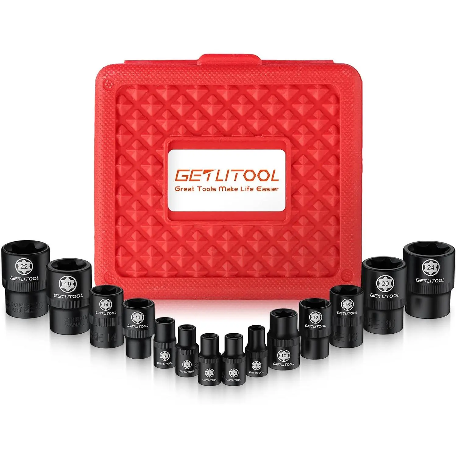 GETLITOOL 14PCS Impact E-Torx Socket Set with Organizer Case Size E4-E24 | Premium chrome vanadium steel,Clearly Laser Size-marked,Ideal for Car Repair, Mechanic Maintenance,1/4" 3/8" and 1/2" drive