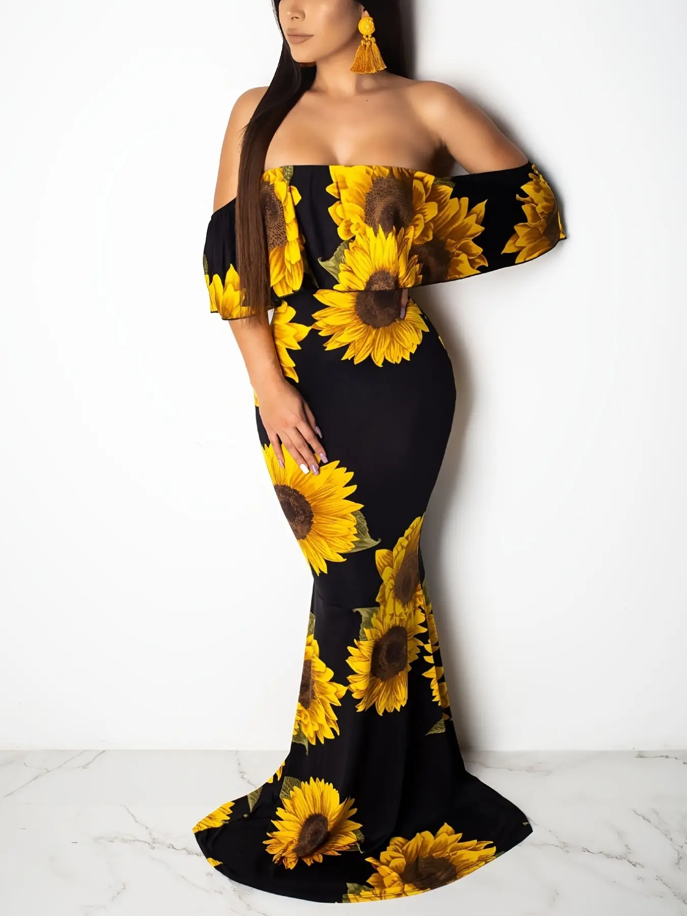 Women Rose Sunflower Floral Print Strapless Sexy Bodycon Beach Party Dress Slash Neck Off Shoulder Short Sleeve Polyester Floor Length Maxi Dress