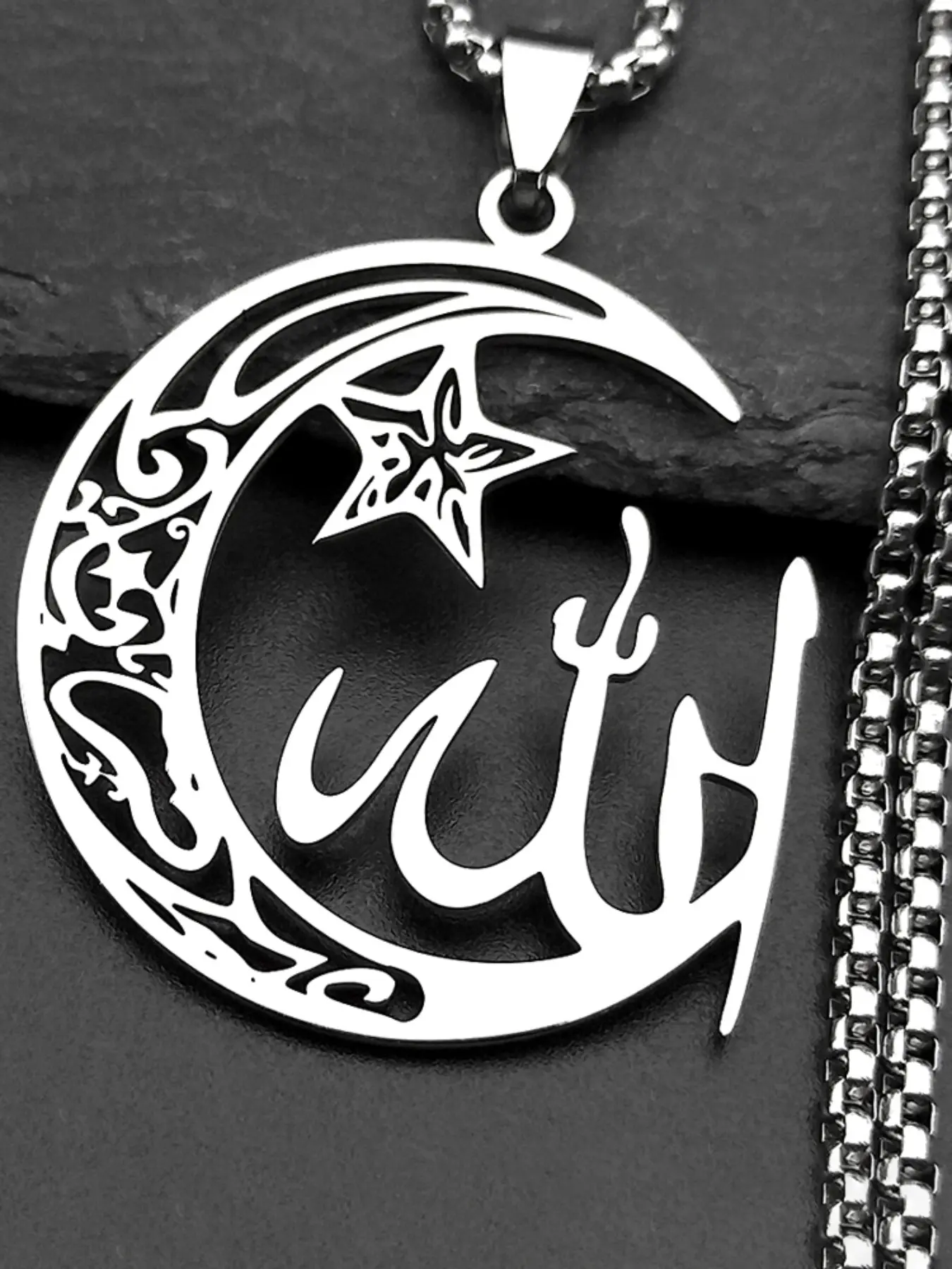 Crescent Moon Star Islamic Muslim Allah Faith Pendant Necklace for Women Men Stainless Steel Gold Color Arabic Quran Amulet