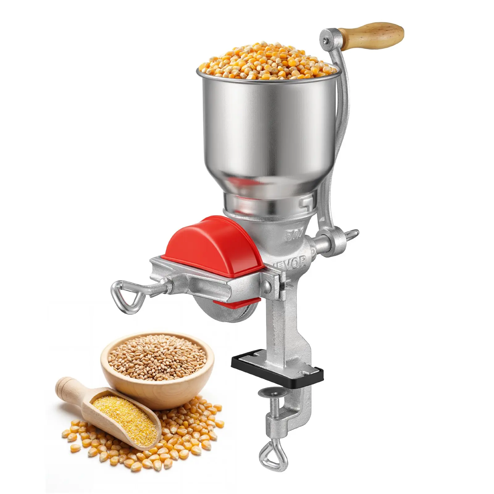 VEVOR Heavy-Duty Cast Iron Manual Grain Mill - Hand-Crank Grinder with High Hopper, Stable Table Clamp, Dust Cover for Grains, Spices, Coffee Beans
