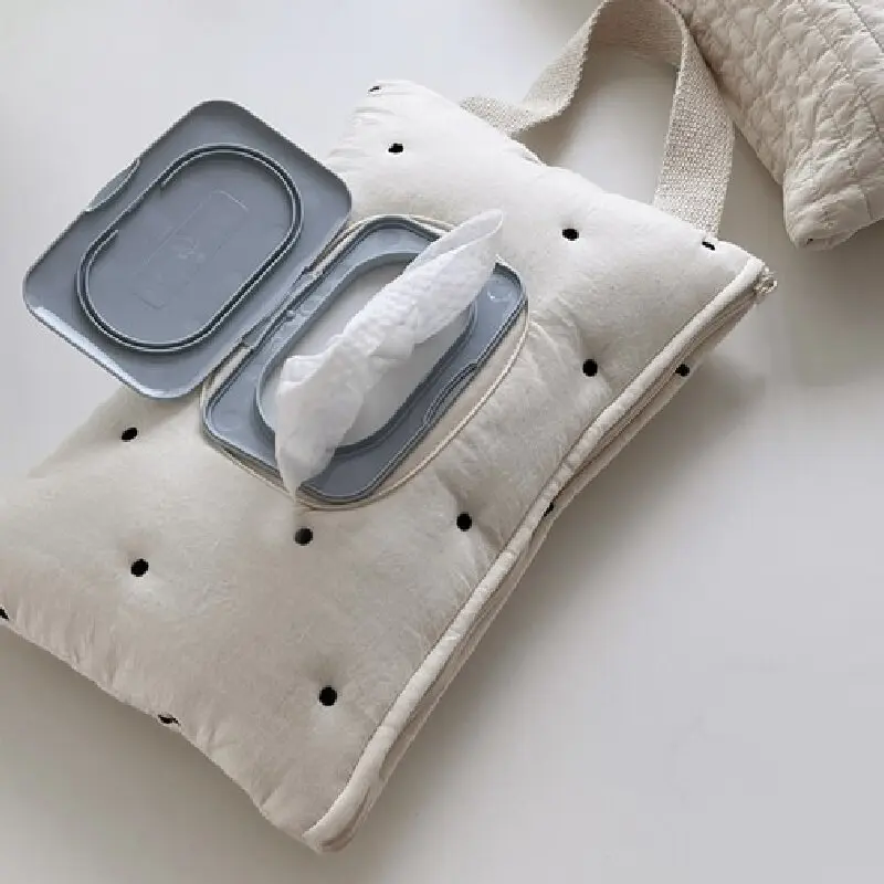 Korean Style Quilted Cotton Wet Wipe Pouch Case Reusable Wet Wipe Dispenser Bag Dispenser Holder with Handle Portable Diaper Bag Accessories for Stroller Baby Travel