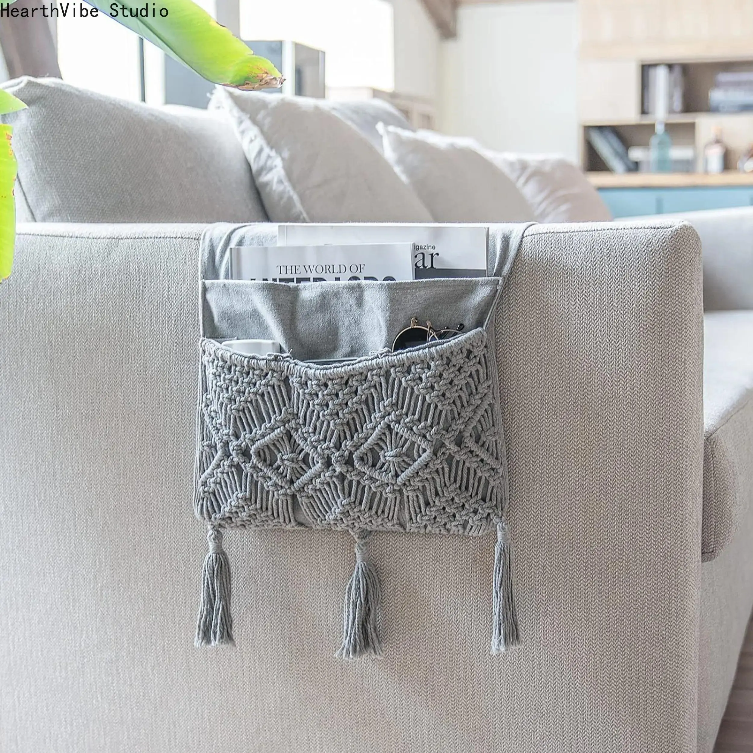 Macrame Sofa Armrest Organizer - Couch Side Storage Bag for Remote, Phone, Books and Glasses