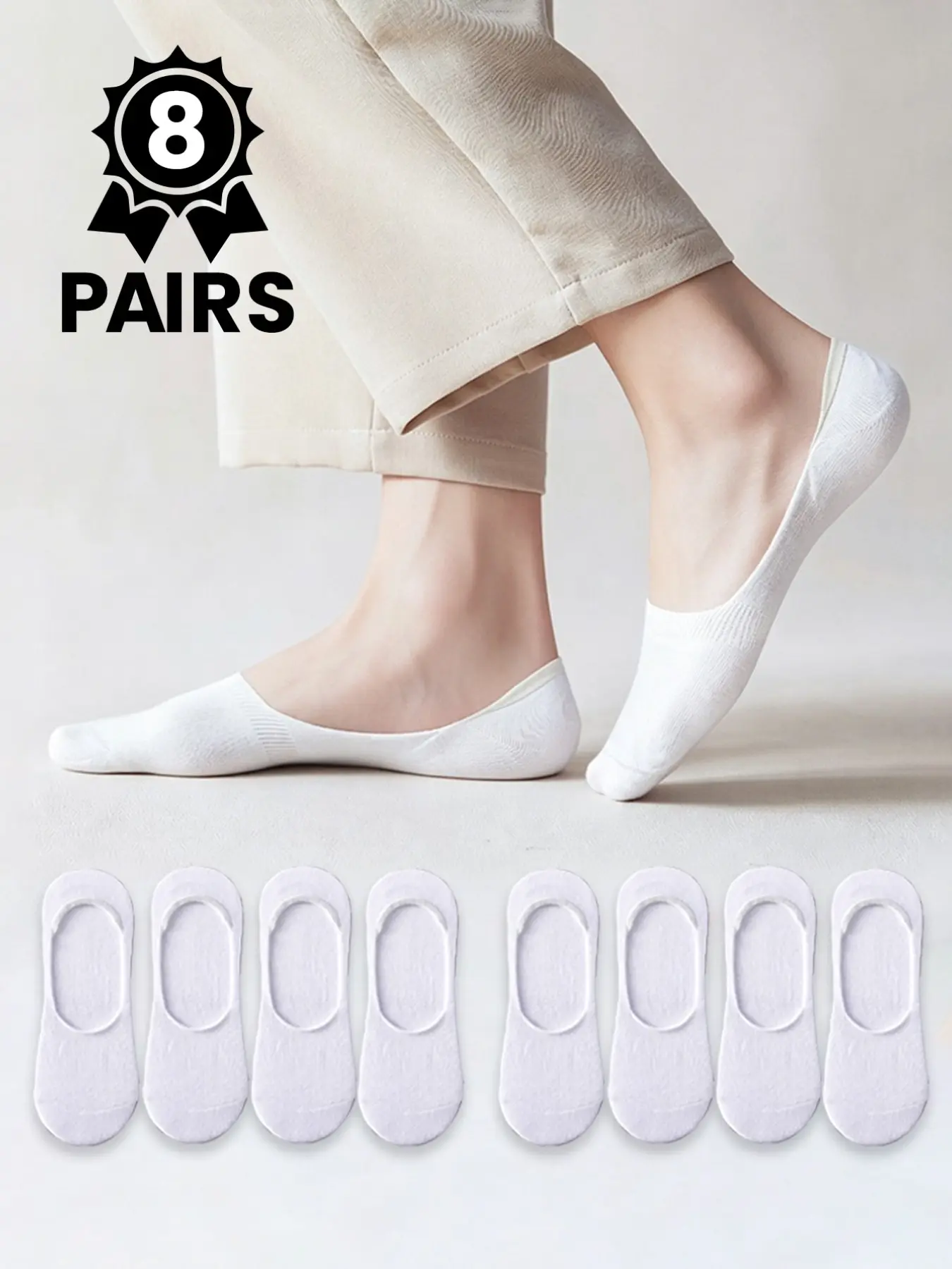 8 Pairs Men's Non-Slip Plain Invisible Socks, Breathable Sweat-Wicking Low-Cut Crew Socks, Silicone Sole Anti-Slip, Combo, Summer Casual Stylish Socks