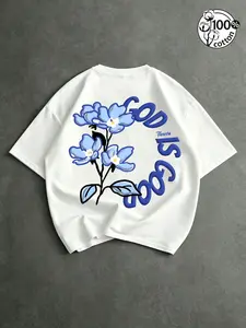 Unisex 100% Cotton White Drop Shoulder Short Sleeve Tee with Blue Flower & Curved "GOD IS GOOD" Quote Print American Fresh Casual Top