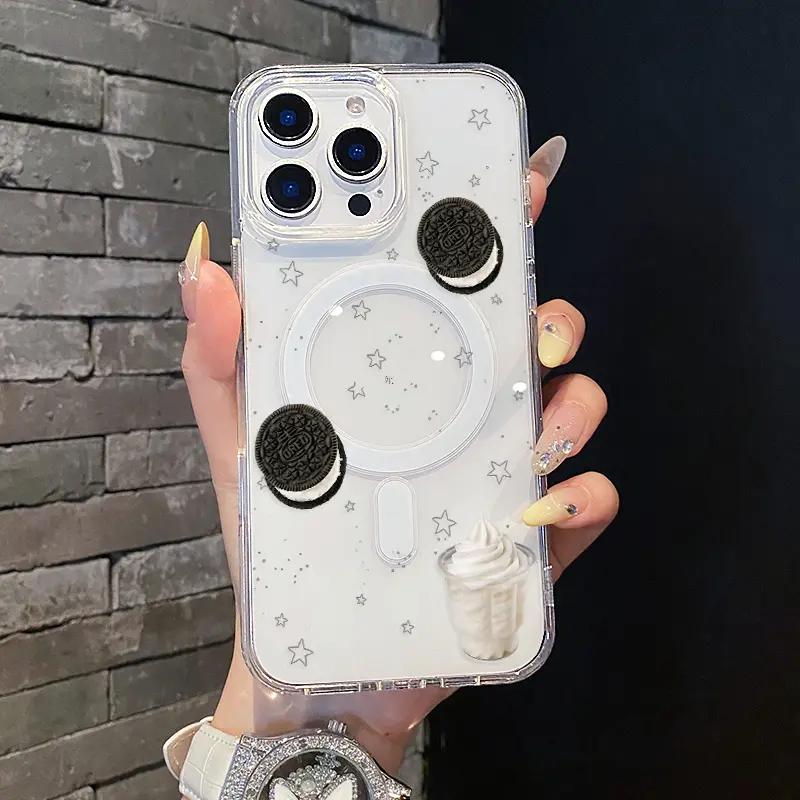Magnetic Multi-Model Silicone Phone Case for iPhone Series (17,16 E Pro Max,15 Plus,14,13,12,11,XS,XR) - Oreo Cream Star Aesthetic Print, Shockproof, Lightweight, Scratch Resistance, Trendy Mobile Phone Accessories