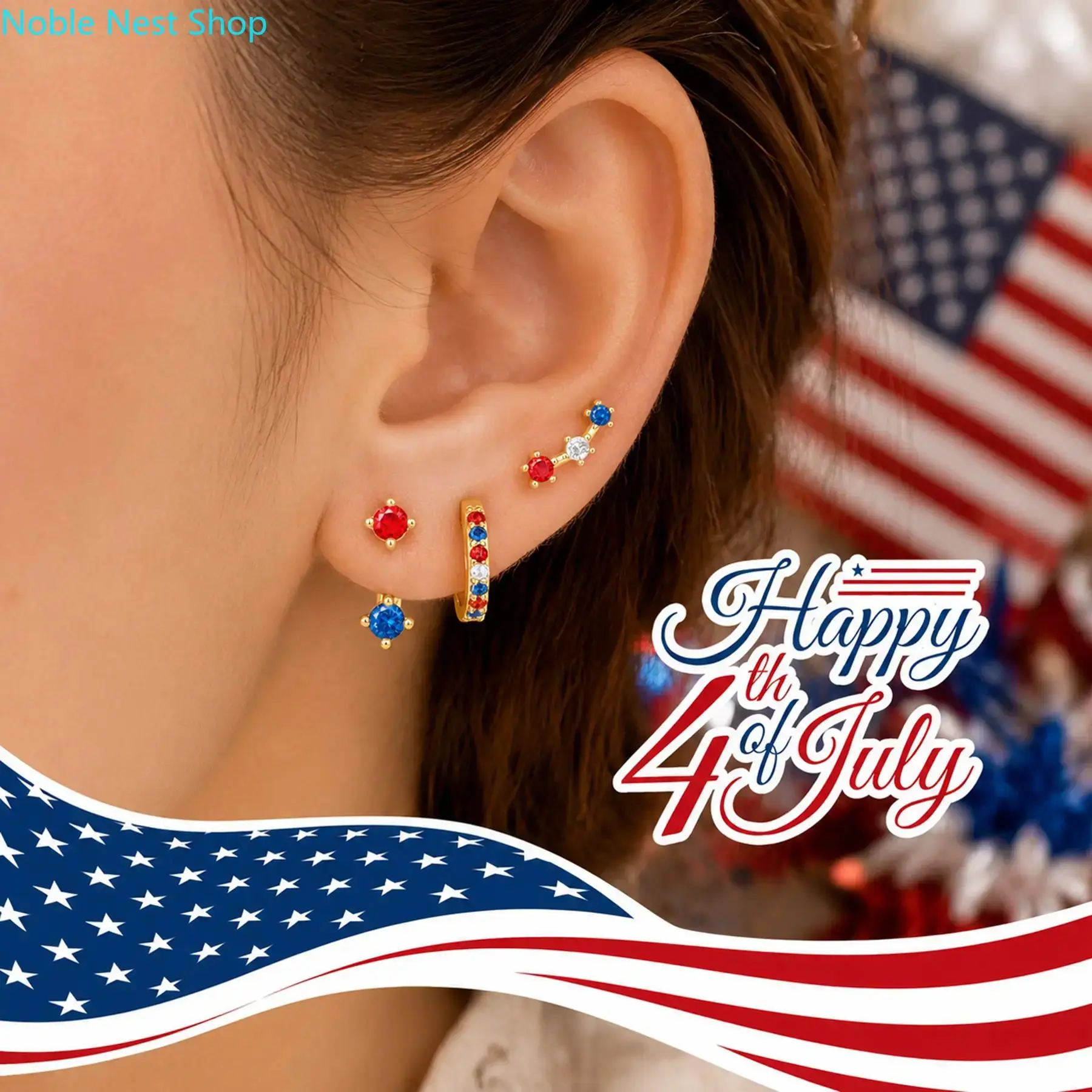 18K Gold Plated 3 Pack Stackable Earrings, Hypoallergenic Dainty Stud Huggie Hoops for Cartilage Helix, Western Piercing Jewelry for Women Daily & 4th of July Gifts