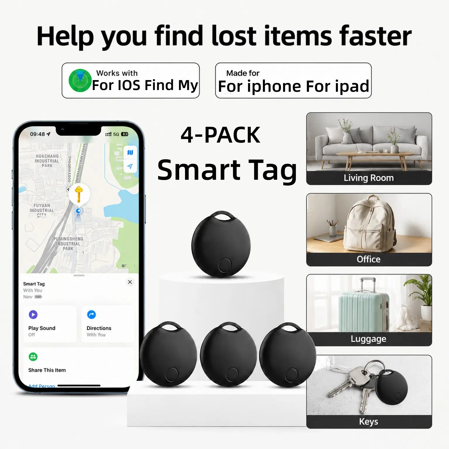 4-Pack Wireless Tracker, Smart Tracking Tag, GPS Smart Tag Locator, Key Finder, Item Locator, Works for iOS Find My, Tracks Keys, Wallets, Suitcases, Bags