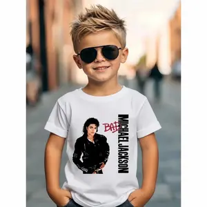 Kids Michael Jackson Tribute Graphic T-Shirt, Cool Summer Casual Tee for Boys & Girls, Soft Crew Neck Top, Retro Streetwear Kids Clothes, Breathable Short Sleeve Music Fan Apparel, Birthday Gift Back to School Outfit