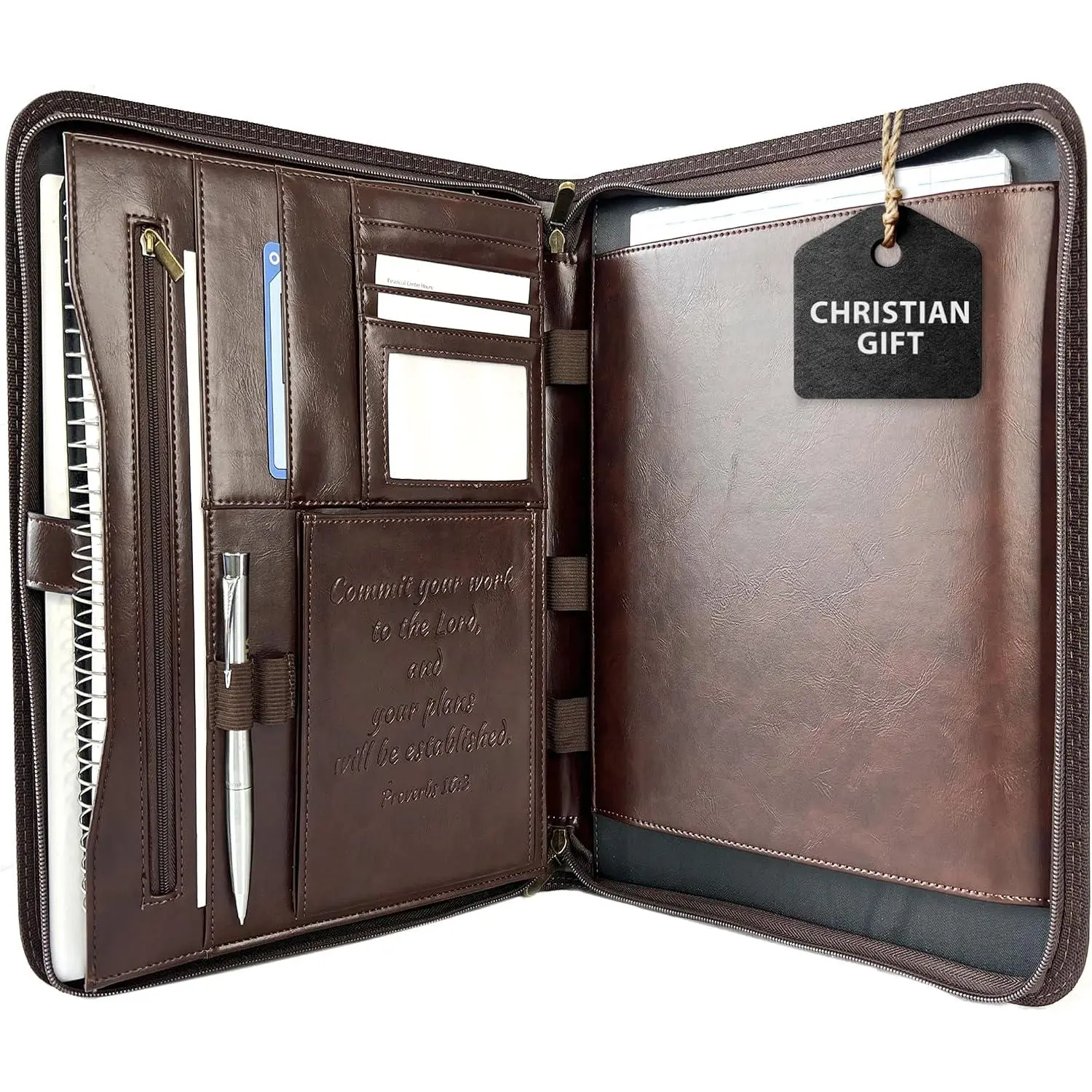 Leather Portfolio for Men – Padfolio Case for Men and Women – Brown  Notebook Organizer – Pen Slots – Zipper Binder –  PU Leather – Feels Like Full-Grain – Office  Accessories