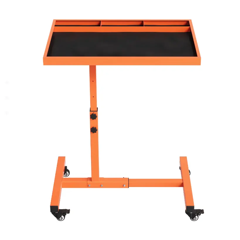 220LBS Capacity Steel Adjustable Rolling Work Table with Wheels and Tool Tray  Mobile Workbench for Garage, Repair Shop, Mechanic, DIY - Orange/Black